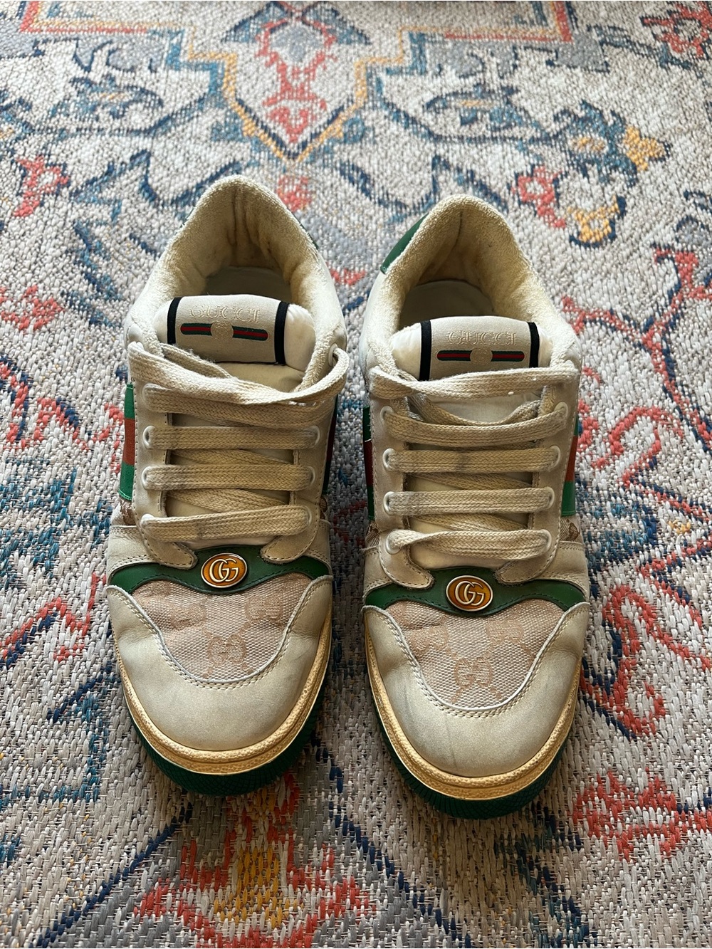 Gucci Cream and Green Leather Logo Sneakers Size 41 Sneakers GG Monogram